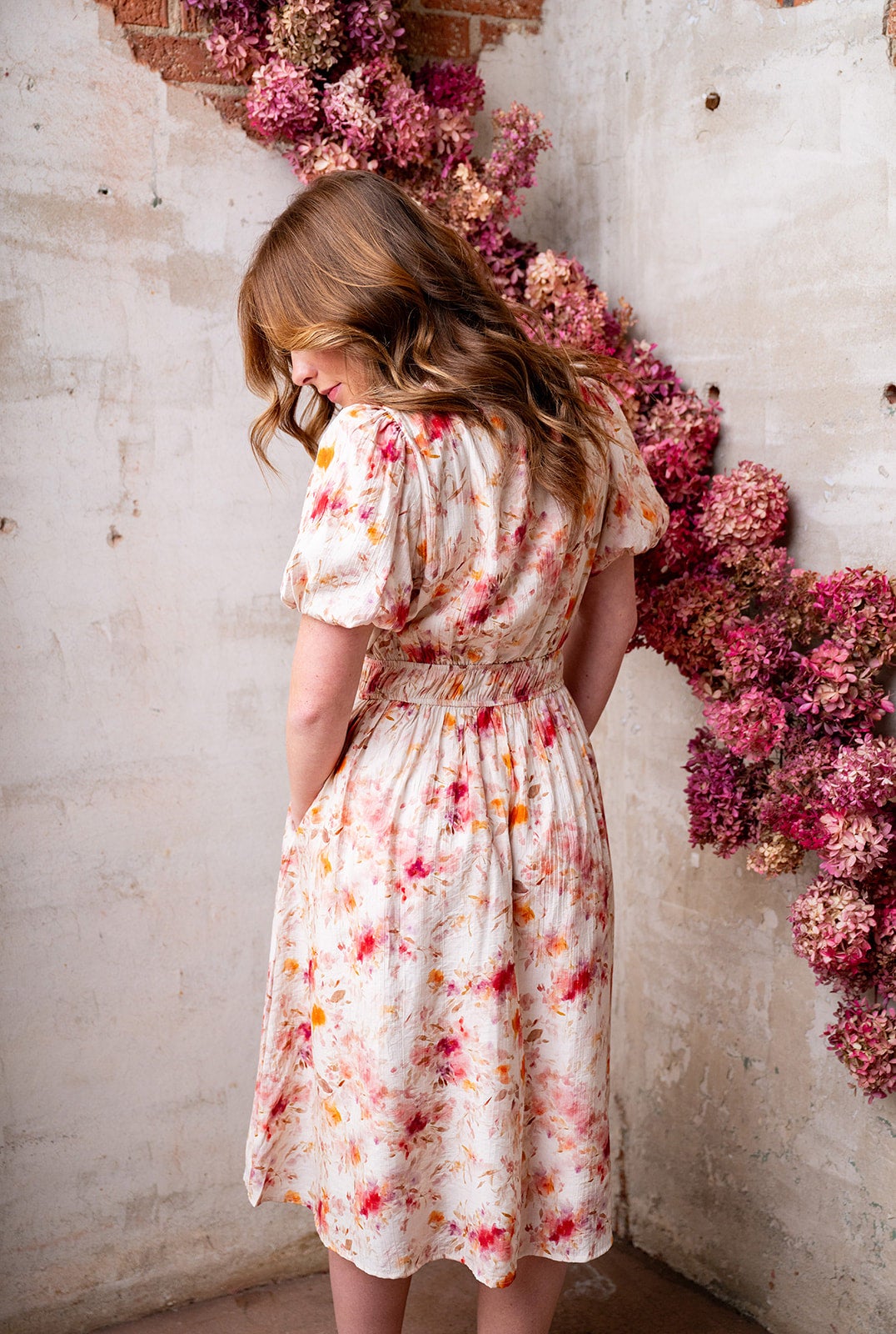 'Emma' Watercolor Floral Dress - Ivory/Blush