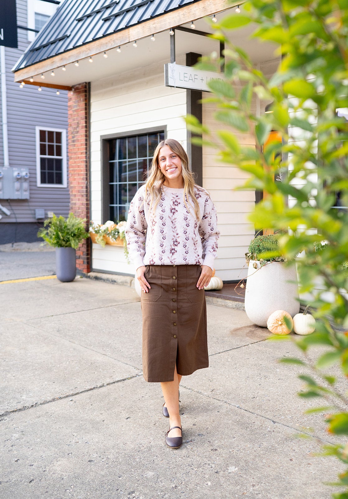 Maggie' Button Down Midi Skirt - Brown | LEAF + LINEN