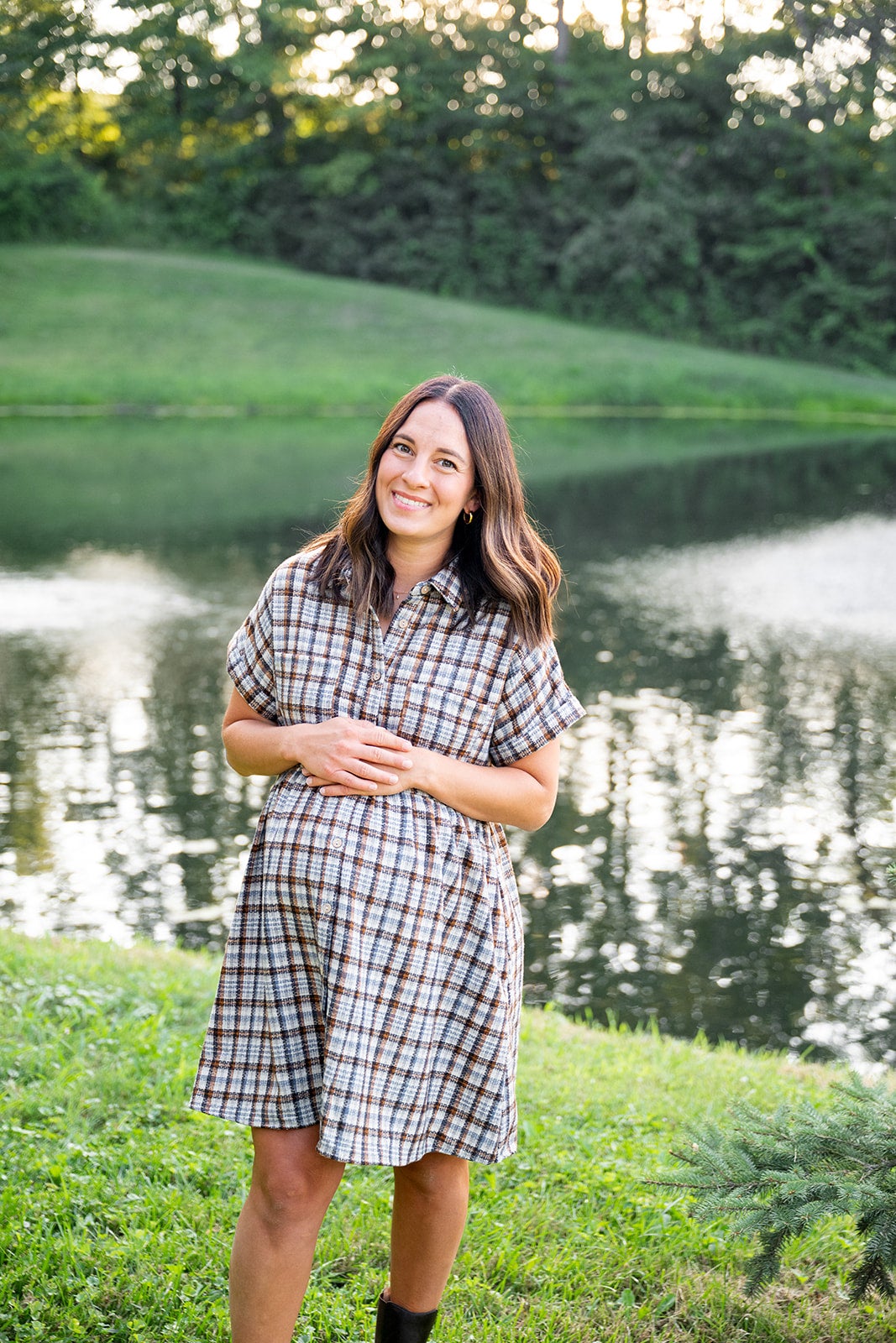 knee length dresses for ladies Veronica Beard Barrett Plaid Midi Dress | NAVY|WHITE Multi